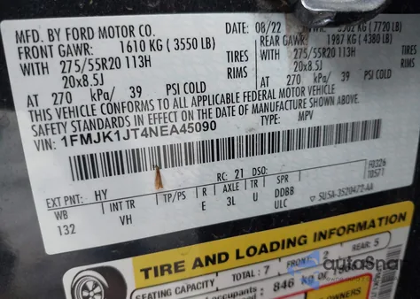 2022 Ford Expedition Xlt Max из США, поврежденный, VIN 1FMJK1JT4NEA45090